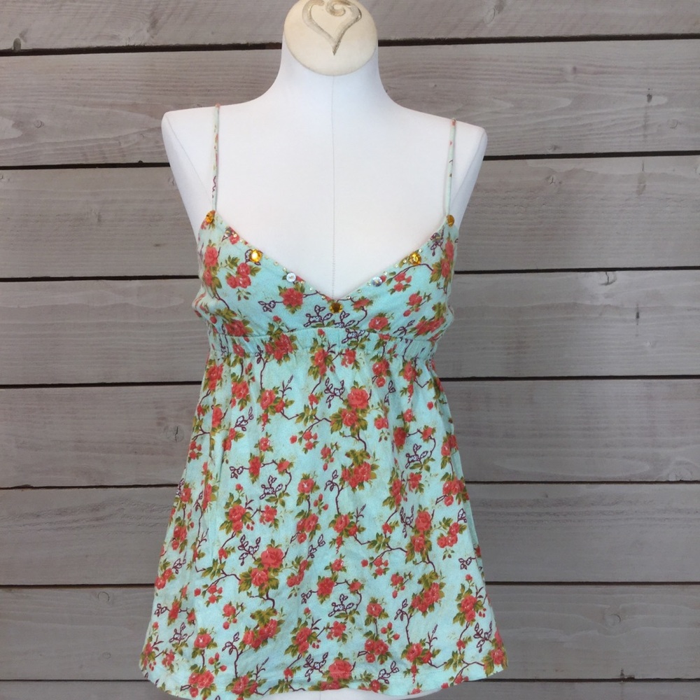 Free People Blue/Pink Floral V-Neck Tank